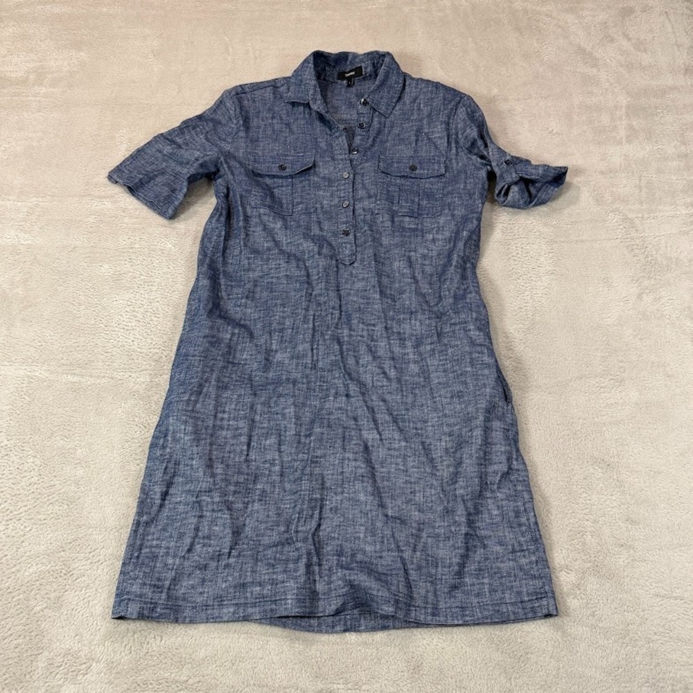 Theory Womens Size 4 Shirt Dress Linen Denim Blue Collared Short Sleeve Button